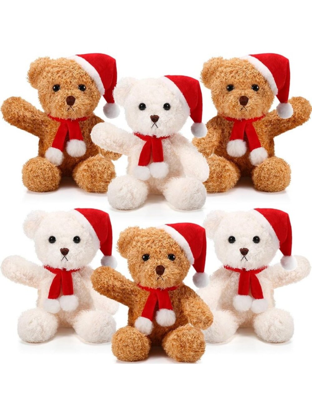 Cozy 12" Christmas Teddy Bear Plush - 6 Pack, Soft Beige & Brown Stuffed Toys